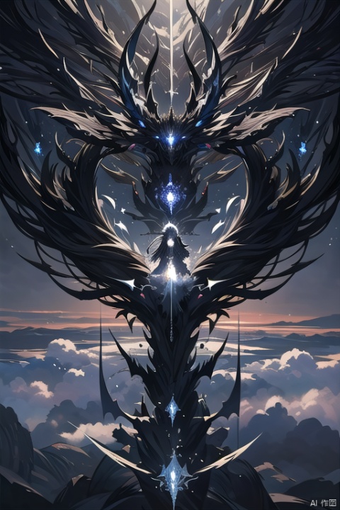 painting of a spirit of darkness, descending from the sky, intricate long flowing gown, hyperdetailed by yoshitaka amano and Ekaterina Savic, fantasy art, celestial, ethereal, digital illustration, volumetric lighting, 