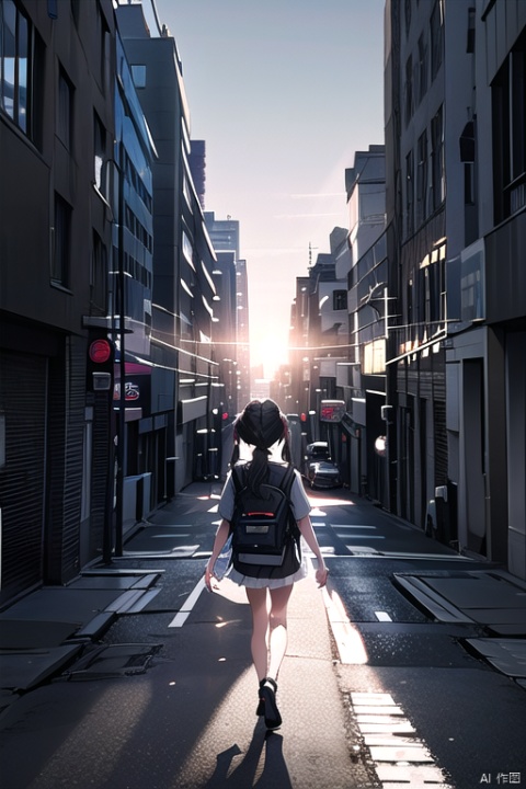 masterpiece,best quality,absurdres,outdoors,1girl,cityscape,street,long-hair,black_hair,twintails,sunlight,walking,from behind,