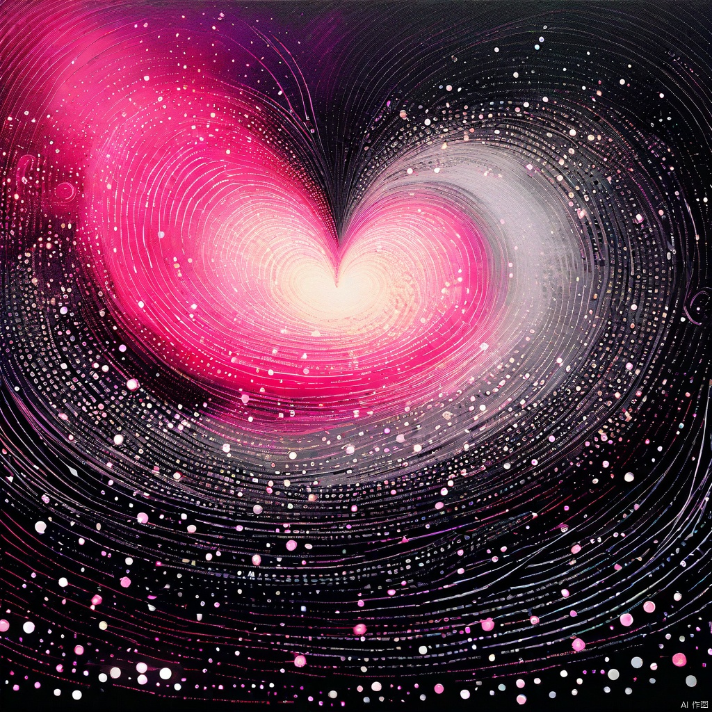 In 'Masterpiece' artwork, a swirling vortex of black, gray, and pink hues surrounds a vibrant heart-shaped focal point, pulsing with energy. Delicate spirals and curves dance across the composition, as tiny dots scattered throughout add texture to the abstract landscape. A gradient transition from dark to light creates a striking contrast, drawing attention to the dynamic heart at its center. The artwork's intricate details and high dynamic range evoke a sense of passion and intensity, inviting the viewer into its mesmerizing world.