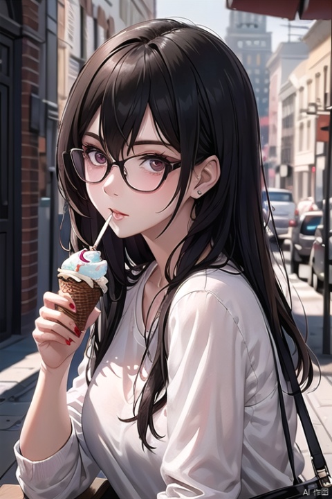 , (best quality),(masterpiece),1girl, best_quality, extremely detailed details, black hair, glasses, eating icecream,
