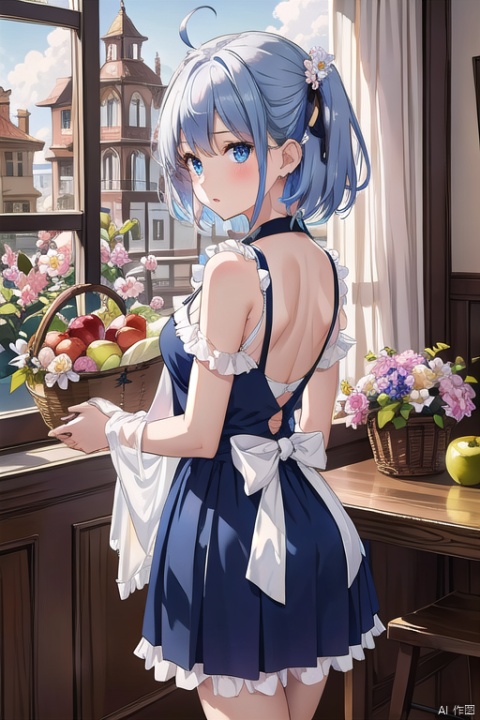 masterpiece,best quality,high quality,(colorful),[Artist onineko],[Artist chen bin],[Artist agwing86],[[Artist wlop]], 1girl, solo, blue eyes, food, dress, basket, looking at viewer, white dress, white hair, holding, window, apple, fruit, holding basket, sleeveless, ahoge, ribbon, sleeveless dress, indoors, parted lips, hair ornament, flower, hair between eyes, blue ribbon, hair ribbon, blush, from side, hair flower, frills, short hair, blue bow, frilled dress, medium hair, looking to the side, curtains, bare shoulders, bow, standing