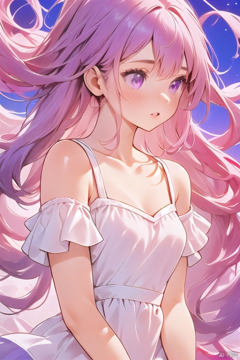 1girl, solo, long hair, dress, bare shoulders, purple eyes, collarbone, upper body, pink hair, parted lips, off shoulder, white dress, floating hair, looking away, wind