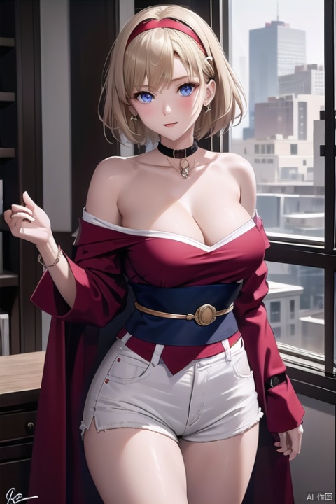 1girl, solo, breasts, looking at viewer, short hair, bangs, blue eyes, blonde hair, large breasts, shirt, cleavage, jewelry, collarbone, hairband, shorts, signature, collar, sash, strapless, red shirt, instrument, white shorts, red hairband, neck ring, waist cape, strapless shirt, irida 