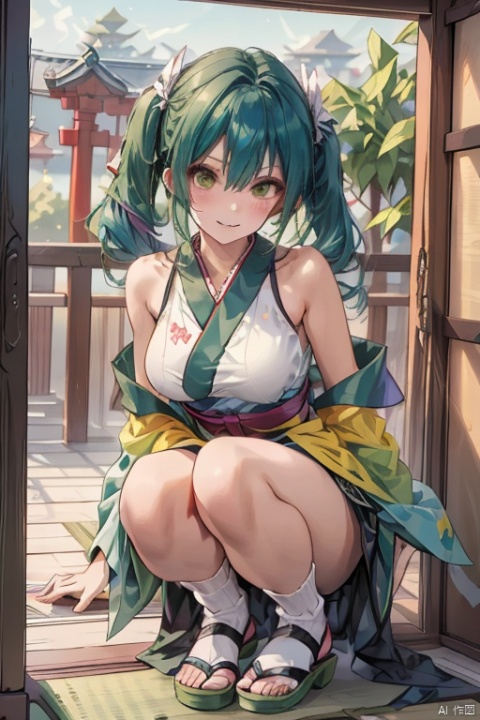 1girl, blue japanese clothes, kasumi, large breasts, full body, blue hair, short twintails, skirt, green background, shinto, breasts, paddle, playing games, arcade cabinet, shichi-go-san, socks, white socks, detached sleeves, wardrobe malfunction, solo, twintails, wide sleeves, holding stylus, green hair, medium hair, green kimono, japanese armor, smile, armor, sandals, kimono, zouri, long sleeves, green sleeves, brown eyes, squatting, green haori, closed mouth, sweat, grey kimono, hair between eyes, japanese clothes, kurokote, hakama, kimono pull, tabi, multicolored hair, bare shoulders, chinese lantern \(plant\), gradient hair, hakama skirt, holding, green footwear, looking at viewer, floral print