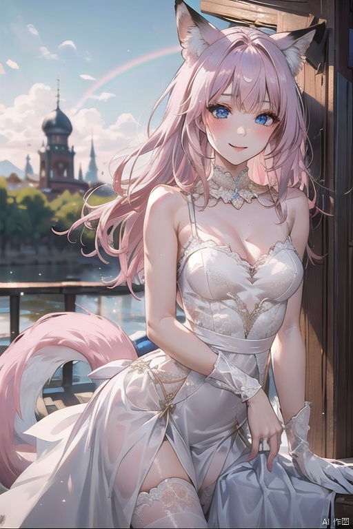 1girl, blue eyes,long hair, lips ,light pink hair, ,solo ,fox ear,sky,nappls,fox tail,fox tail,fox,rainbow,Purity Portait,smile,looking at viewer, hunv,wedding dress,