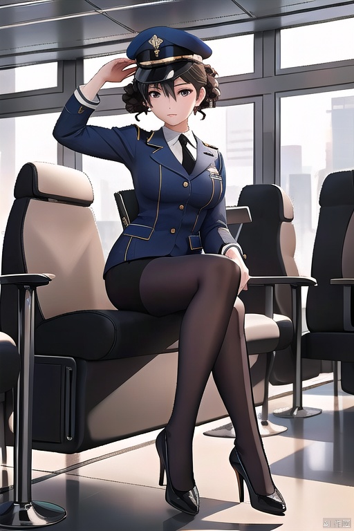 A stewardess poses confidently in a garrison cap and crisp uniform, her curly hair styled into an elegant updo. She sits down on a sleek, modern chair at the terminal's departure gate, her long legs crossed at the ankles, showcasing black pantyhose and high heels. The lighting is soft and even, casting no harsh shadows on her polished features.