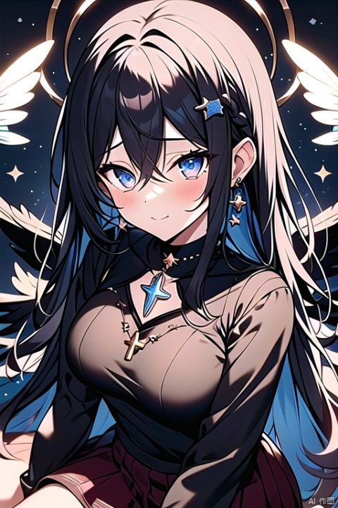 1girl, dance, Fairy, crystal, jewels,black, wings,Holy Light,As white as rosy clouds, 1girl, solo, long hair, looking at viewer, blush, bangs, blue eyes, hair ornament, long sleeves, hair between eyes, jewelry, sitting, very long hair, closed mouth, blue hair, earrings, wings, choker, virtual youtuber, necklace, star \(symbol\), sweater, sleeves past wrists, black choker, halo, cross, feathered wings, puffy long sleeves, angel wings, star hair ornament, white wings, angel, star earrings, cross necklace, latin cross, star necklace,pink hair,pleated skirt,bow, ribbon,
