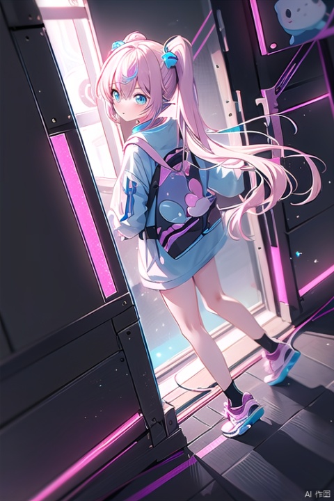 1girl,a female anime character is wearing futuristic and shoes, in the style of psychedelic neon, nintencore, skottie young, light pink and light black, kidcore, dark white and dark cyan, colorful chaos,