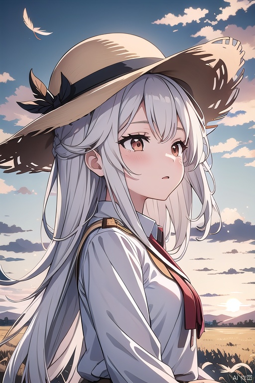 1girl,white_hair,long_hair,white_shirt,brown coat,brown_straw_hat,sunset,field,in_autumn,fallen leaves,feathers,Altocumulus,landscape,from_side,looking_up,(hair in takes:1.1), Anime