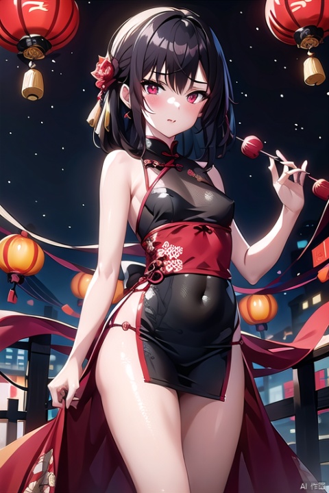 1girl,red background, a small number of red lanterns, Chinese elements with firecrackers around and fireworks in the background, goddess, colors
, seductive eyes