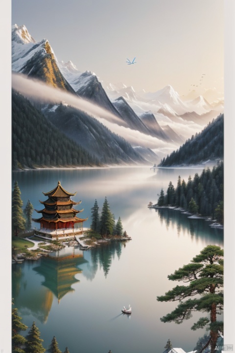  (ultra detailed, High quality ,best quality, High precision, Fine luster, UHD, 16k), (official art, masterpiece, illustration), A landscape painting with a lake, pine trees and a sunset, thick fog, with clear new pop illustrations, (large area of white space, one-third composition: 1.3), minimalist world, beige gray, Chinese Jiangnan scenery, digital printing, lake and mountain scenery, sunset and solitary crane flying together, , cnss, FANTASY