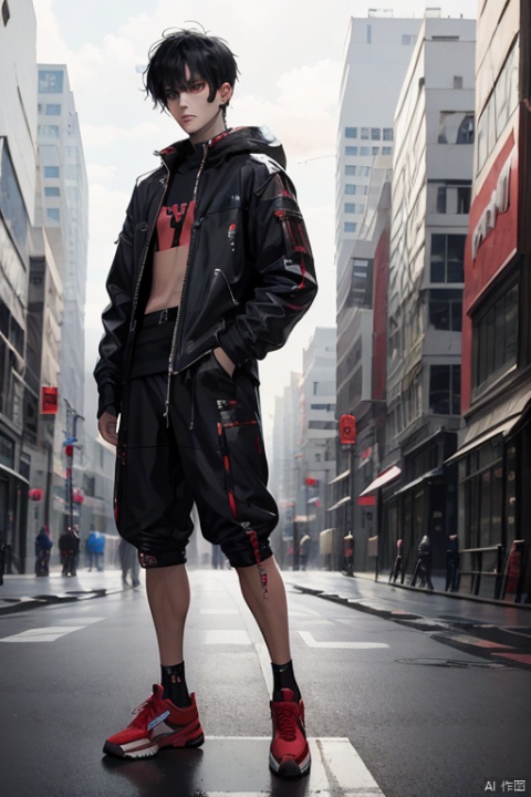 cyberpunk character, 1boy, red and black color scheme, , katana, urban outfit, sneakers, anime style,masterpiece,best quality,very aesthetic,absurdres,