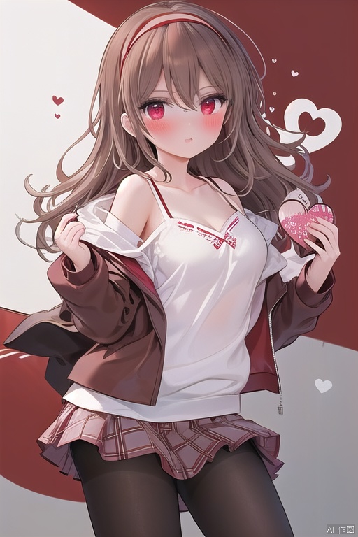 1girl, solo, long hair, breasts, looking at viewer, blush, bangs, skirt, brown hair, shirt, red eyes, long sleeves, holding, hair between eyes, bare shoulders, collarbone, jacket, white shirt, grey hair, heart, pantyhose, cowboy shot, pleated skirt, hairband, food, open clothes, off shoulder, open jacket, sleeves past wrists, plaid, plaid skirt, holding food, box, candy, red jacket, camisole, brown skirt, brown pantyhose, chocolate, valentine, heart-shaped chocolate, white camisole, box of chocolates