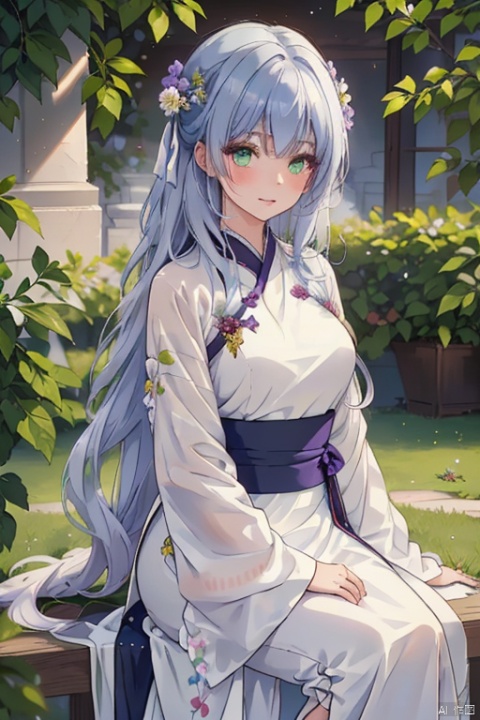 1 girl, solo, long white hair, shiny green eyes, detailed eyes, blink and youll miss it detail, silk hanfu, white robe hanfu, purple glittering butterflies, outdoors, flower garden, high quality, ancient chinese hanfu, floral background, very detailed, ((poakl)),
