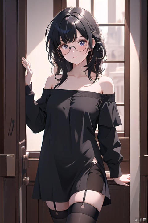 masterpiece,facing the lens,best quality,very aesthetic,absurdres,1girl,extremely delicate and beautiful,Noise and grain,off-shoulder_shirt,asymmetric bangs,thighhighs_pull,chromatic_aberration,semi-rimless_eyewear,32K UHD,streaked hair,messy hair,
