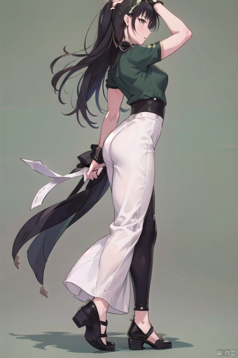 step,assassin-style,One girl, solid green background, three full-body views, front view, side view, rear view, multiple_views,mark time,