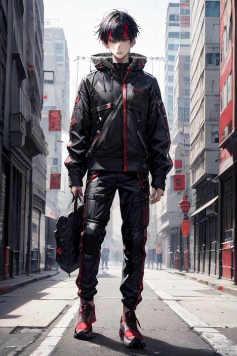 cyberpunk character, 1boy, red and black color scheme, , katana, urban outfit, sneakers, anime style,masterpiece,best quality,very aesthetic,absurdres,