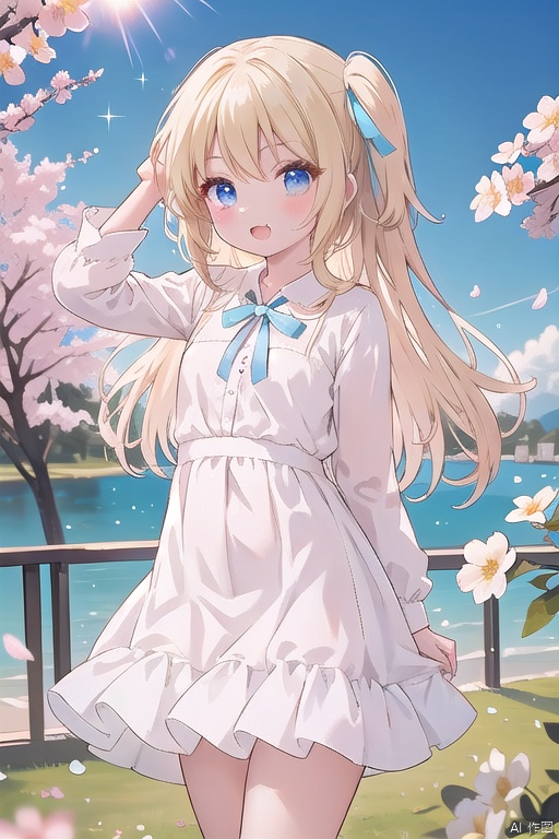 Nahida stands in a sun-drenched meadow on a summer day, her fair skin glowing under the intense blue sky with cirrus fibratus clouds. Her blonde hair is tied back with a hair ribbon and adorned with petal-like accessories, as she wears a pleated dress and collared shirt. A symbol eye glows softly on her forehead. Her bright blue eyes sparkle as she smiles warmly at the viewer, her long hair flowing gently down her back. A small fang protrudes from her mouth, adding a touch of loli charm to her features. She has a flat chest, emphasizing her youthful appearance. The camera captures her in a cozy animation scene, surrounded by cherry blossoms and garters, with her gaze directed at the viewer as if inviting them into her whimsical world.