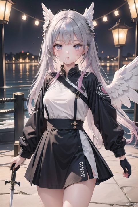 best quality, masterpiece, 1girl, solo, irene \(arknights\), gloves, scar across eye, black gloves, long hair, lantern, holding, scar, weapon, grey hair, sword, scar on face, grey eyes, parted lips, looking at viewer, holding lantern, head wings, long sleeves, jacket, black jacket, earrings, pink hair, jewelry, skirt