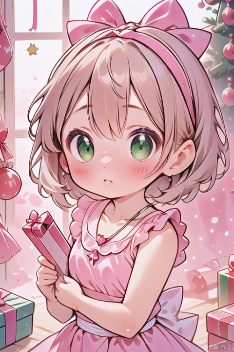 1girl, solo, breasts, blush, short hair, bangs, blonde hair, dress, bow, bare shoulders, jewelry, closed mouth, green eyes, collarbone, hair bow, hairband, small breasts, frills, indoors, necklace, twitter username, star \(symbol\), see-through, wavy hair, pink bow, box, pink dress, christmas, gift, gift box, tatami, christmas tree, pink hairband, tissue box, christmas ornaments, 