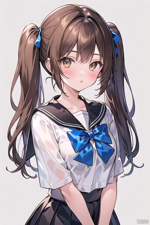 1girl, solo, long hair, looking at viewer, blush, bangs, simple background, brown hair, shirt, bow, twintails, brown eyes, school uniform, upper body, sidelocks, parted lips, serafuku, bowtie, sailor collar, blue bow, white sailor collar,
