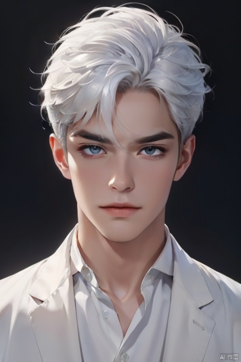 (((masterpiece,best quality))),((good structure,Good composition,good atomy)), ((clear, original,beautiful)),1boy, white hair,fantasy white theme,looking at viewer,in the dark,simple background,