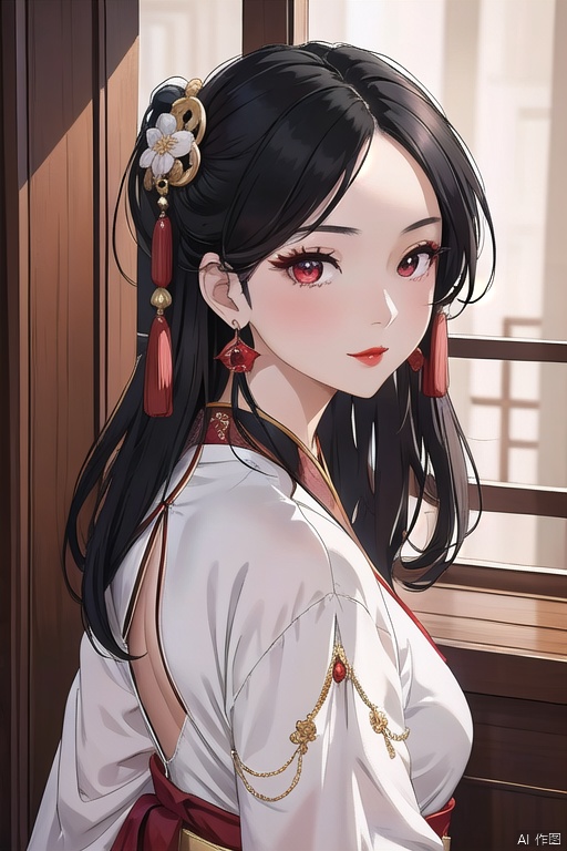 A stunning Chinese girl, adorned in traditional hanfu attire, strikes a pose against a crisp white background. Her long, black hair cascades down her back, featuring a delicate hair ornament that catches the light. Her piercing gaze meets the viewer's, accompanied by a subtle, closed-mouth smile and bold red lips. She wears statement tassel earrings and maintains flawless makeup, with intricate earrings adding to her overall allure. The focus remains on her upper body, where her beauty and elegance truly shine.