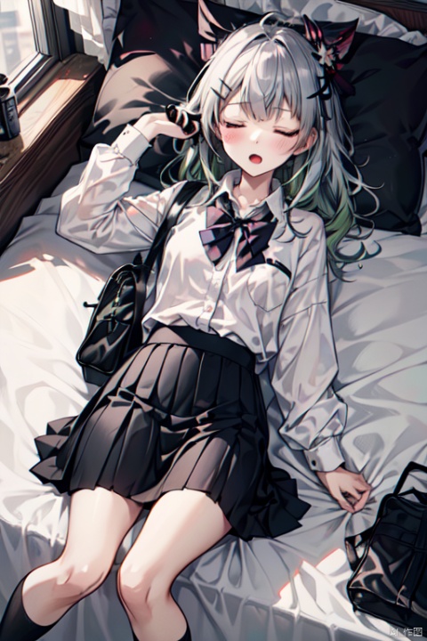 masterpiece,best quality,high quality,(colorful),Artist minato ojitan, 1girl, solo, lying, phone, on back, cellphone, skirt, closed eyes, bow, pillow, smartphone, socks, shirt, hair ornament, pleated skirt, sleeping, earphones, white shirt, school uniform, on bed, indoors, long hair, bowtie, blush, bed, hairclip, black socks, long sleeves, grey skirt, earbuds, breasts,open mouth, bag, school bag, collared shirt, no shoes, open skirt, small breasts, wooden floor, from above, black bowtie, white hair,green hair,hair ornament, gradient hair,nahida (genshin impact),
