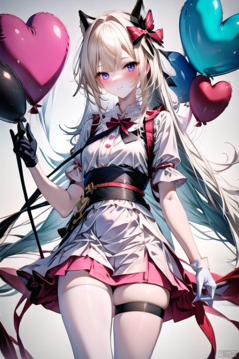 1girl, artist_name, balloon, bangs, blonde_hair, blush, bow, closed_mouth, dress, eyebrows_visible_through_hair, frills, gloves, heart, heart_balloon, heart_pillow, holding, long_hair, looking_at_viewer, one_eye_closed, pink_bow, simple_background, smile, solo, very_long_hair, 