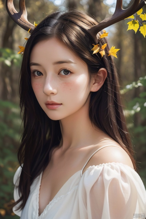 Vintage portrait, photography style, soft focus, pure face,Deer, girl, antlers, vine with leaves, Blonde hair, European and American advanced face, freckles, Detailed light and shadow, Wind, (Strong Sunshine),Two plaits, The forest,Front light source, , 1girl, 1 girl
,moyou