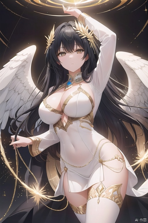 A majestic archangel descends from the divine realm, her ethereal form radiating with a brilliant Egyptian yellow glow. Holy Power coursing through her veins, she stands amidst a swirling vortex of metallic sparks, refracted light casting an otherworldly aura. Rendered in exquisite detail, this 4K masterpiece showcases her regal presence on a dark, ultra-detailed background. Every texture, every curve, and every subtle nuance masterfully crafted to create a unit-worthy wallpaper.