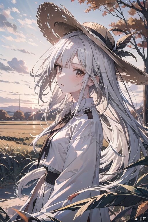 1girl,white_hair,long_hair,white_shirt,brown coat,brown_straw_hat,sunset,field,in_autumn,fallen leaves,feathers,Altocumulus,landscape,from_side,looking_up,(hair in takes:1.1), Anime