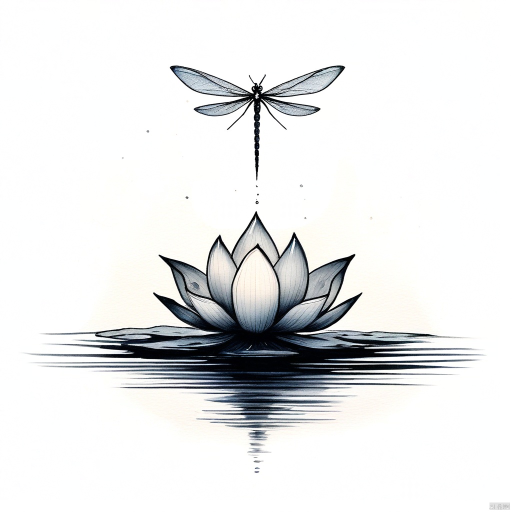 Lotus, Dragonfly /(standing on lotus)/), water halo, minimalist ink painting