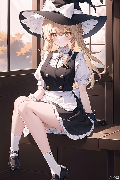 1girl, solo, best quality, looking at viewer, sitting, grin, yellow eyes, hair between eyes, blonde hair, long hair, single braid, hair bow, bangs, breasts, witch hat, hat bow, white socks, black footwear, shoes, white shirt, gloves, black skirt, black dress, waist apron, black vest, puffy short sleeves, frills, broom riding, white bow, black headwear, buttons, gradient
