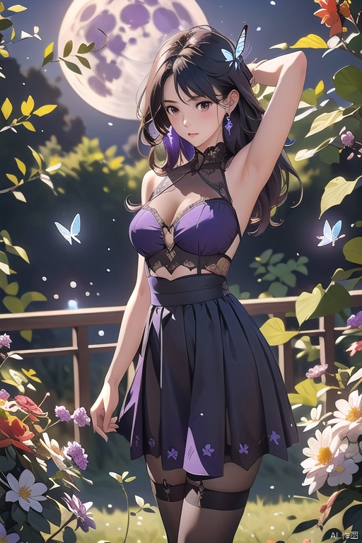 1 girl,full body,purple hair,(brown eyes),(extremely exquisite and beautiful),((purple and blue clothes)),meteor,meteor shower,(super large moon),(blue moon),comet,flower sea,many flowers,flower sea facing the audience,front,solo,butterfly,flying butterfly,There are many butterflies,butterfly hair flower,perspective,half skirt,dreamy light,(8k, RAW photo, best quality, masterpiece:1.2),(realistic, photo fidelity:1.3),Ultra fine,ultra fine cg 8k wallpaper,(crystal textured skin:1.2),