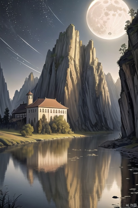 Best quality, masterpiece, official art, dofas, no humans, realistic,scenery,moon, reflection,

