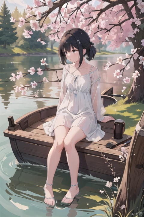 capture a serene early spring scene on a misty lake with a girl in a white dress on a wooden boat. trees with fresh green buds line the shore. above, a pair of swallows fly among young willow branches. the atmosphere is calm and expectant, signaling the awakening of nature,