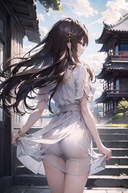 (masterpiece, top quality, best quality, official art, beautiful and aesthetic:1.2),gf-hd, 1girl, long hair, dress, architecture, solo, stairs, white dress, east asian architecture, brown hair, from behind, skirt hold, hair ornament,