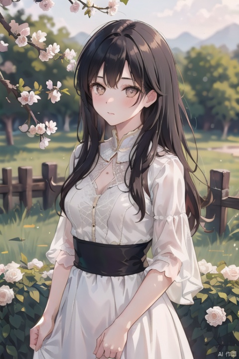 1girl,long_amber_hair,amber_eyes, light gray and light beige, detailed, gentle and focused romanticism, overhead shot, dim flowers in the foreground, depth of field, Canon R6, bright soft ambient outdoor light, liuyifei,depressed
