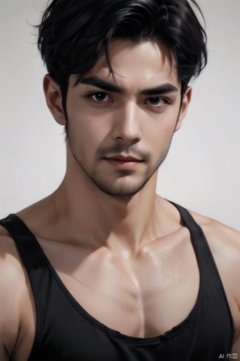 1man, a man with short black hair and a beard, wearing a blue tank top, the background is a muted gray, and the lighting casts a dramatic shadow on his face, emphasizing the contours of his features