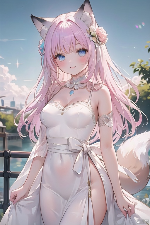 1girl, blue eyes,long hair, lips ,light pink hair, ,solo ,fox ear,sky,nappls,fox tail,fox tail,fox,rainbow,Purity Portait,smile,looking at viewer, hunv,wedding dress,