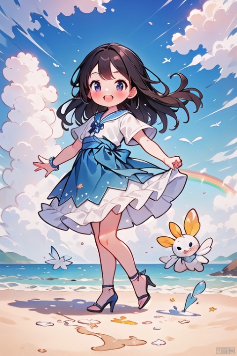 masterpiece),(bestquality),1girl, solo, , long legs,beautiful skirt, high heels, dress,  beach, seaside, blue sky,  rainbow,Smile and look at the camera