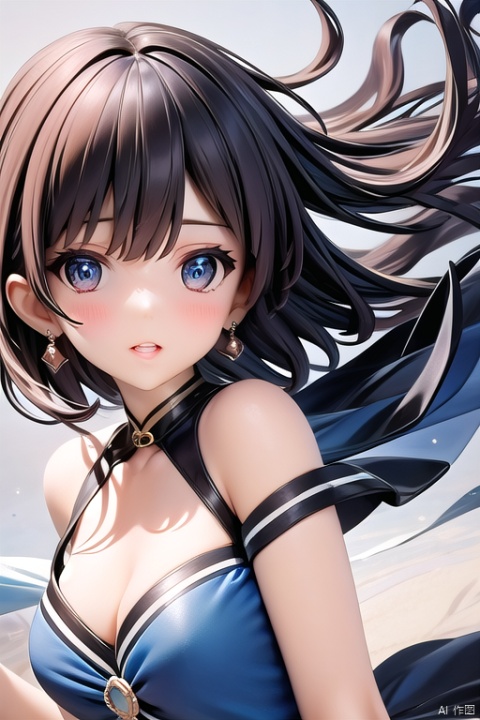 1girl,Bangs, off shoulder, black hair, blue dress, blue eyes, chest, earrings, dress, earrings, floating hair, jewelry, sleeveless, short hair,Looking at the observer, parted lips, pierced,energy,electricity, 1girl