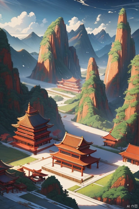 Miniature landscape, Chinese three-dimensional landscape painting, Zen aesthetics, Zen composition, Chinese architectural complex, red copper mine, ore crystallization, red mountains, flowing particles, macro lens, rich light, luminous mountains, mountains, clouds, minimalism, extreme details, incomparable details, film special effects, , cnss