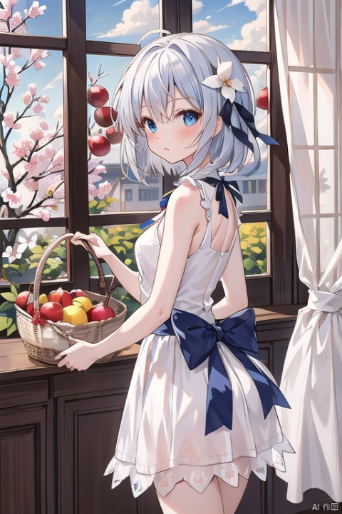masterpiece,best quality,high quality,(colorful),[Artist onineko],[Artist chen bin],[Artist agwing86],[[Artist wlop]], 1girl, solo, blue eyes, food, dress, basket, looking at viewer, white dress, white hair, holding, window, apple, fruit, holding basket, sleeveless, ahoge, ribbon, sleeveless dress, indoors, parted lips, hair ornament, flower, hair between eyes, blue ribbon, hair ribbon, blush, from side, hair flower, frills, short hair, blue bow, frilled dress, medium hair, looking to the side, curtains, bare shoulders, bow, standing,鏃�