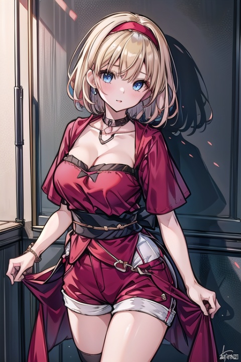 1girl, solo, breasts, looking at viewer, short hair, bangs, blue eyes, blonde hair, large breasts, shirt, cleavage, jewelry, collarbone, hairband, shorts, signature, collar, sash, strapless, red shirt, instrument, white shorts, red hairband, neck ring, waist cape, strapless shirt, irida 