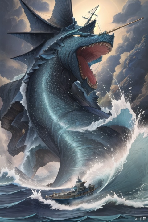 The fierce Leviathan, its scales a deep oceanic blue, rises from the depths of the sea to confront a fleet of naval warships armed with cannons and torpedoes, its mighty tail churning the waves into a frothy maelstrom that capsizes several vessels, as it spews forth a geyser of water that drenches the sailors in salty brine,cnss