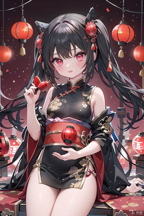 1girl,red background, a small number of red lanterns, Chinese elements with firecrackers around and fireworks in the background, goddess, colors
