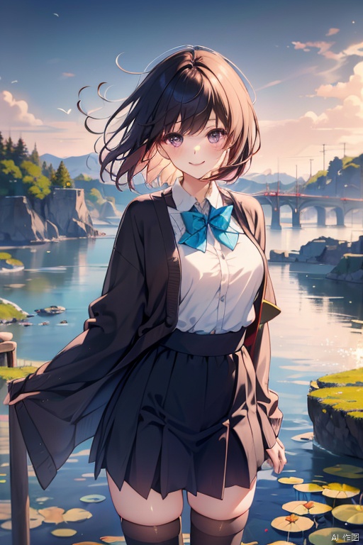 1girl,looking at viewer,solo,pink hair,bangs,short hair,butterfly hair ornament,black ribbon,purple eyes,school uniform,cardigan,black cardigan,shirt,green skirt,thighhighs,zettai ryouiki,,Nino_CYQL,(evil smile,lying,portrait,from_above:1.1),beautiful face,beautiful eyes,glossy skin,shiny skin,Cliffs,Waves,Coastline,Rocks,Sea spray,Seagulls,Dramatic,Power,Water lilies,Japanese bridge,Weeping willows,Lily pond,Impressionist painting,Reflections,beautiful detailed sky,beautiful detailed glow,masterpiece,best quality,beautiful and aesthetic,contrapposto,female focus,fine fabricemphasis,wallpaper,fashion,,
, MATURE FEMALE