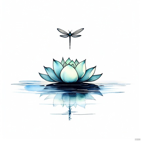 Lotus, Dragonfly /(standing on lotus)/), water halo, minimalist ink painting